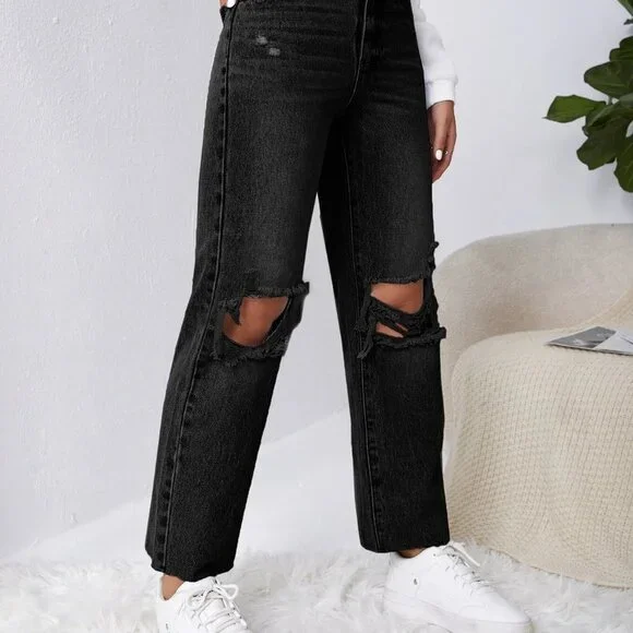 Black Casual Womens Ripped Raw Cut Straight Leg Jeans